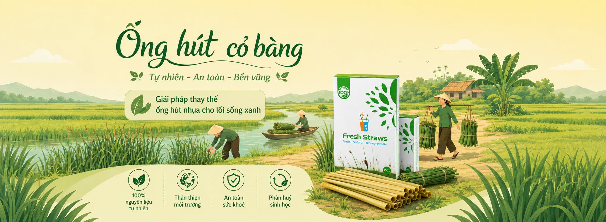 Ống hút cỏ bàng Fresh Straws — tự nhiên, an toàn, bền vững