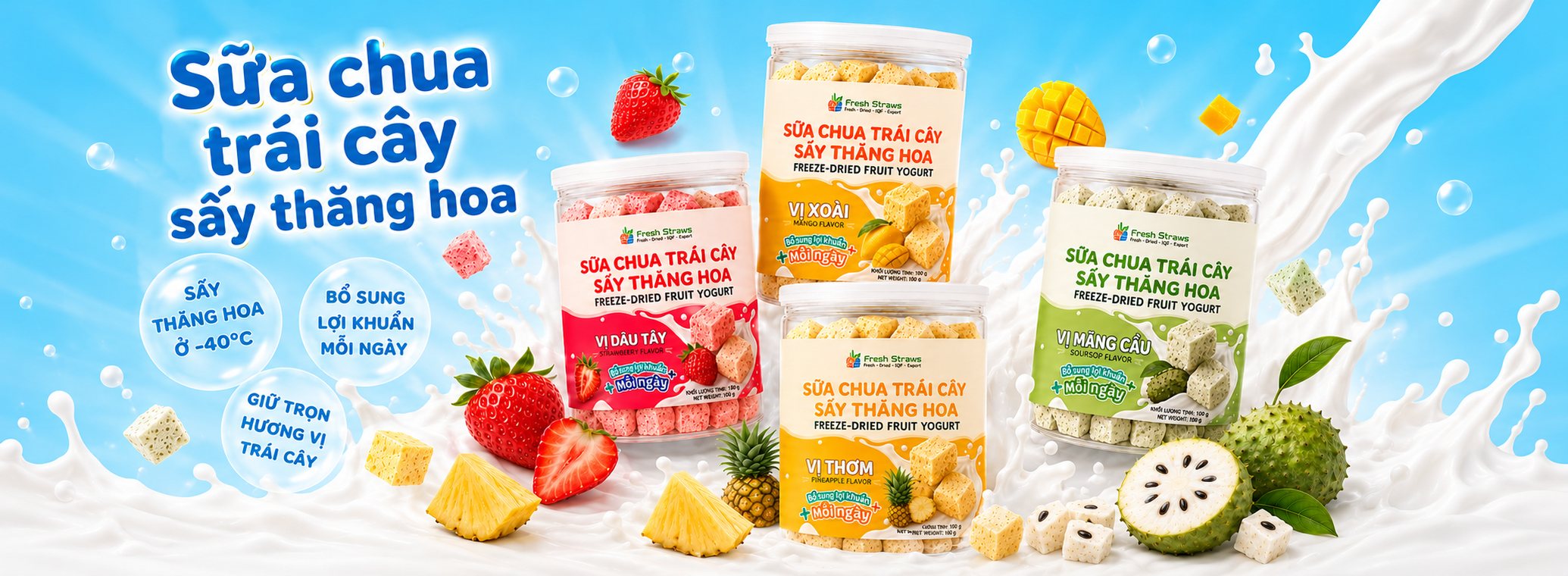 Sữa chua trái cây sấy thăng hoa Fresh Straws — giàu lợi khuẩn