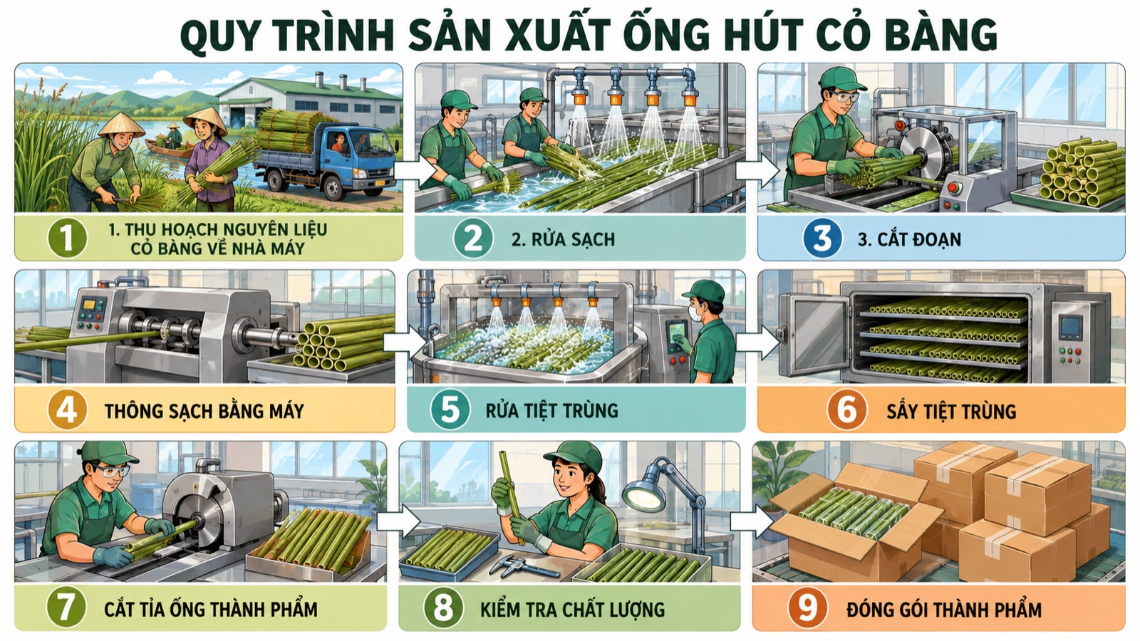 Quy trình sản xuất ống hút cỏ bàng Fresh Straws — 9 bước từ thu hoạch đến đóng gói
