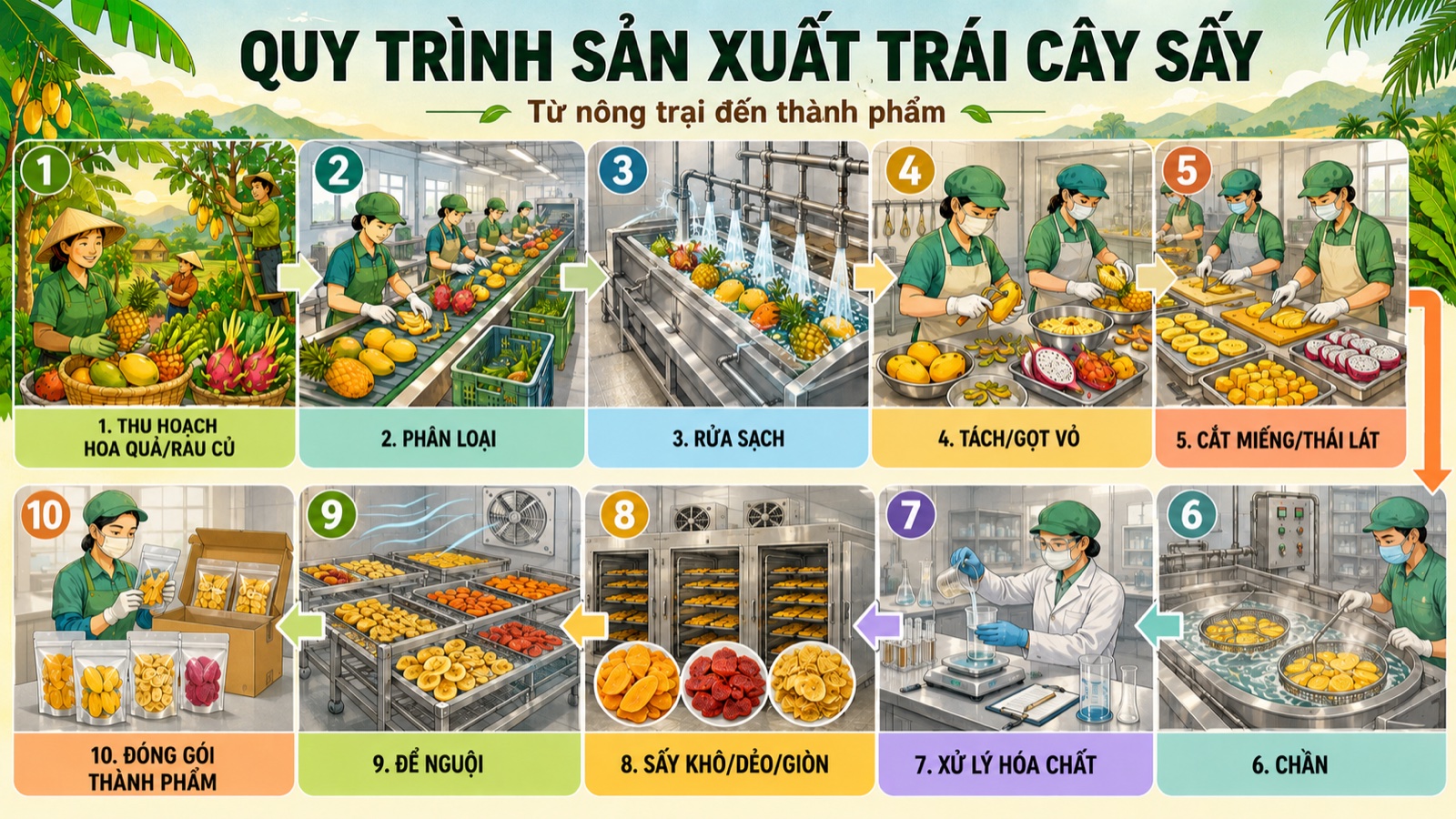 Quy trình sản xuất trái cây sấy Fresh Straws — 10 bước từ nông trại đến thành phẩm