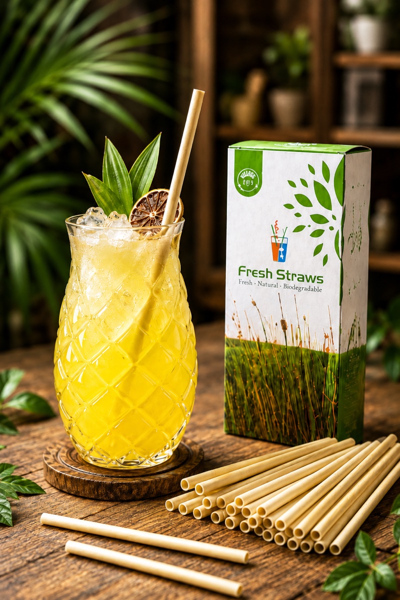 Ống hút cỏ bàng Fresh Straws bên ly nước ép và hộp sản phẩm