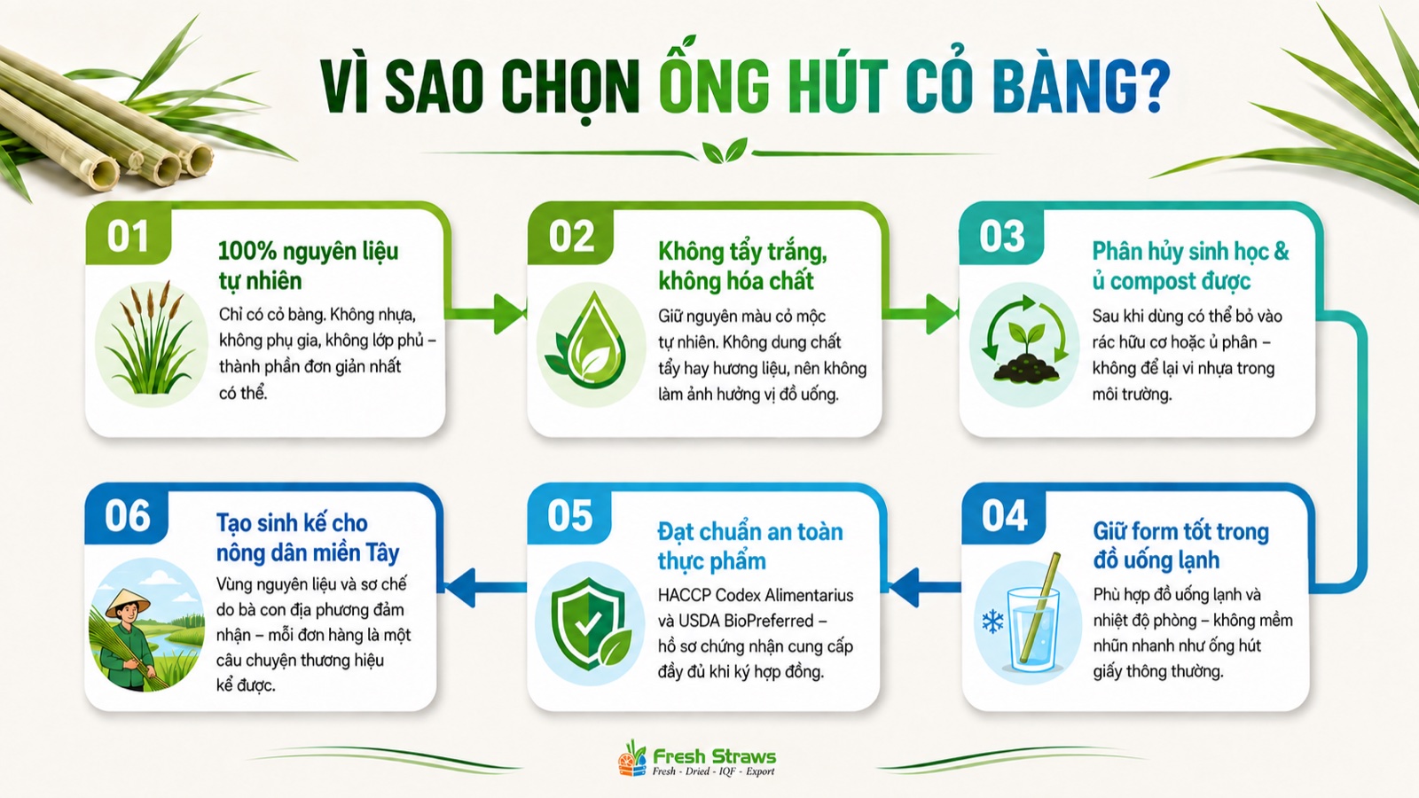 Vì sao chọn ống hút cỏ bàng Fresh Straws — 6 lý do: 100% tự nhiên, không tẩy trắng, phân hủy sinh học, giữ form trong đồ uống lạnh, đạt chuẩn an toàn thực phẩm, tạo sinh kế cho nông dân